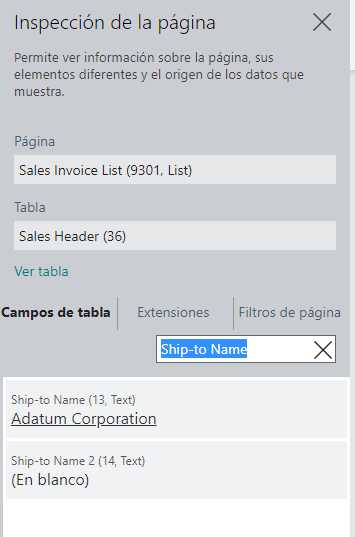 filtrar campos_ característica “Inspección de página” con algunos añadidos nuevos adaptados a Business Central web service