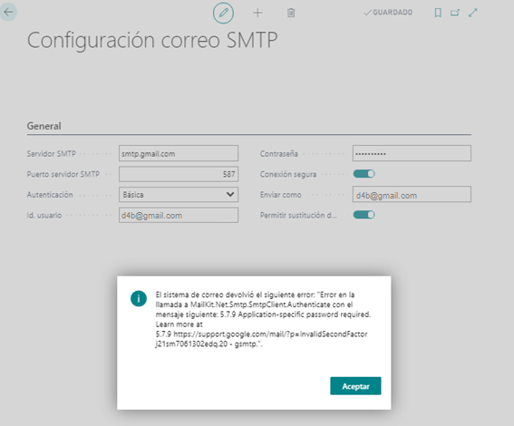 Configurar SMTP GMAIL en Business Central poner el password